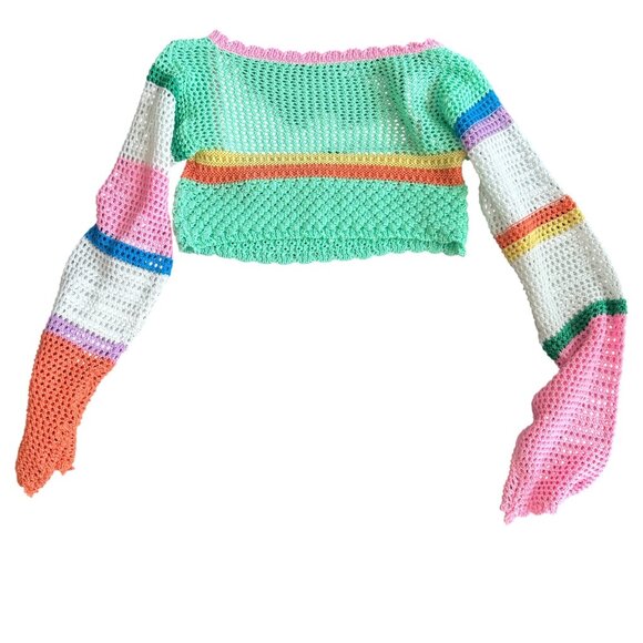 Handmade Open-Knit Colorful Cropped Sweater With Long Bell Sleeves Y2k - Picture 5 of 5